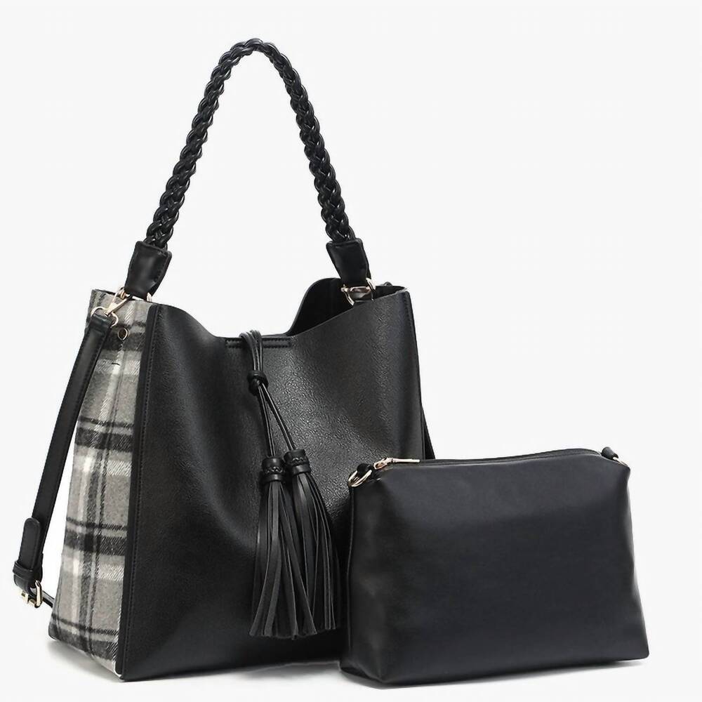 NEW JEN & CO. women's dina plaid contrast tote with tassel and removable pouch i